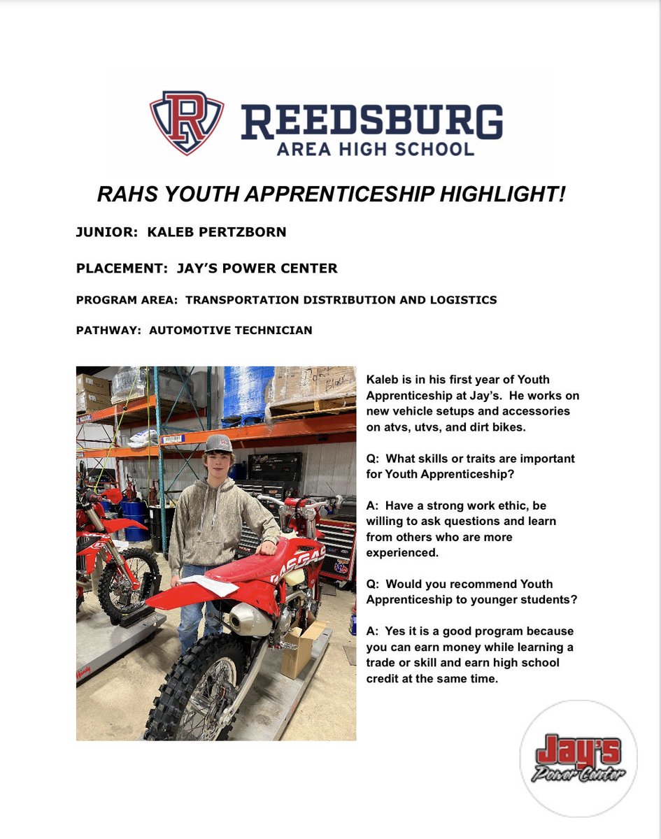 DaveAnliker's tweet photo. Youth Apprenticeship Highlight!  Congratulations Kaleb Pertzborn!!  #ReedsburgPride https://t.co/Yzfnk3xuCR