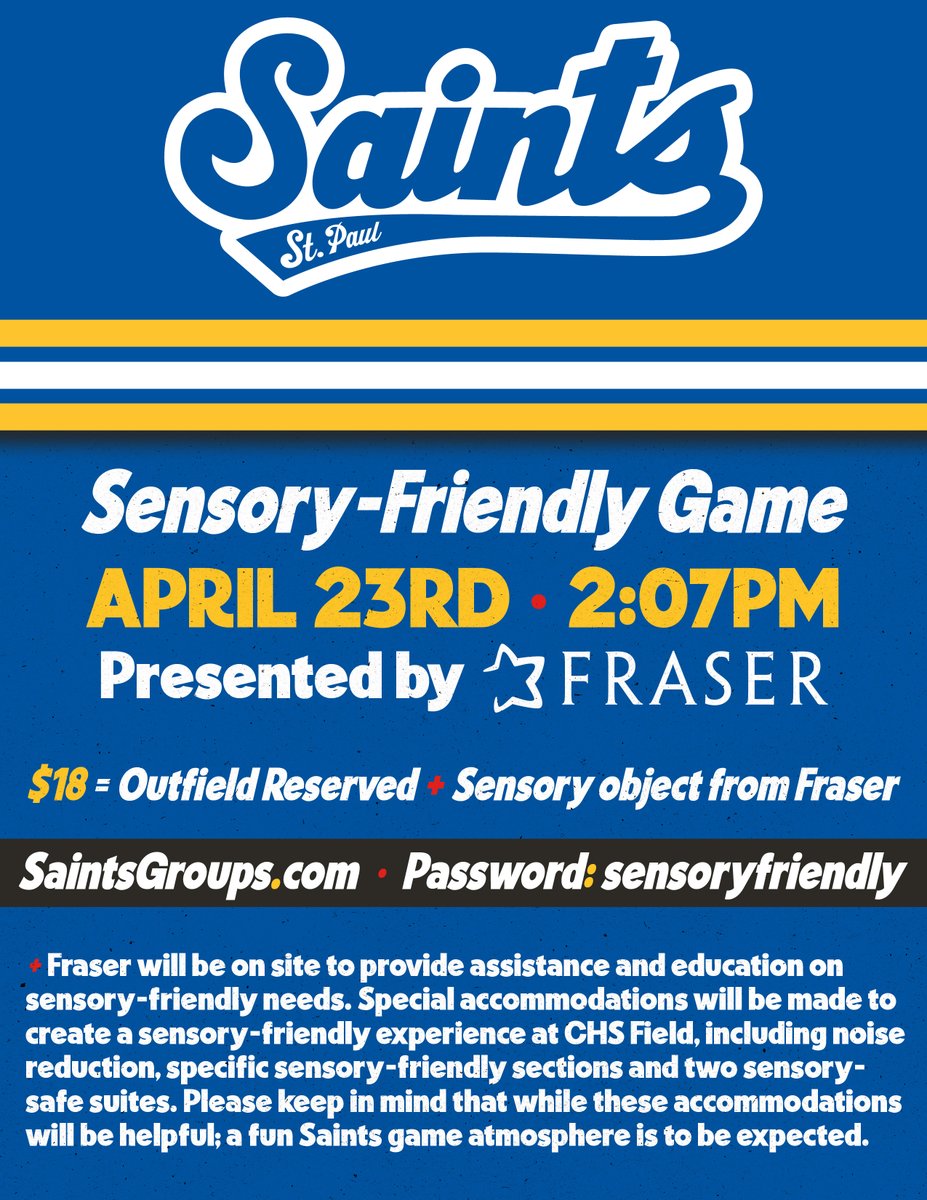 The @StPaulSaints and Fraser will host a sensory-friendly baseball game on April 23rd! Purchase tickets at saintsgroups.com and use password sensoryfriendly.