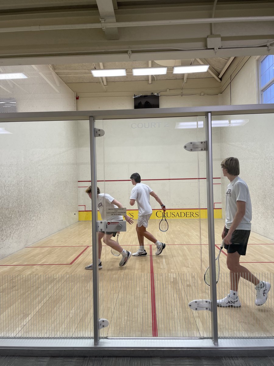 BoysLatinAthltx's tweet photo. Will Colhoun '25, Mike Meredith '24 & Cooper Knaub '25 are busy warming up for MIAA individual squash tournament at St Paul's. Good luck, Lakers! #BL #BLSquash #eqv https://t.co/wpNlbbnqMt