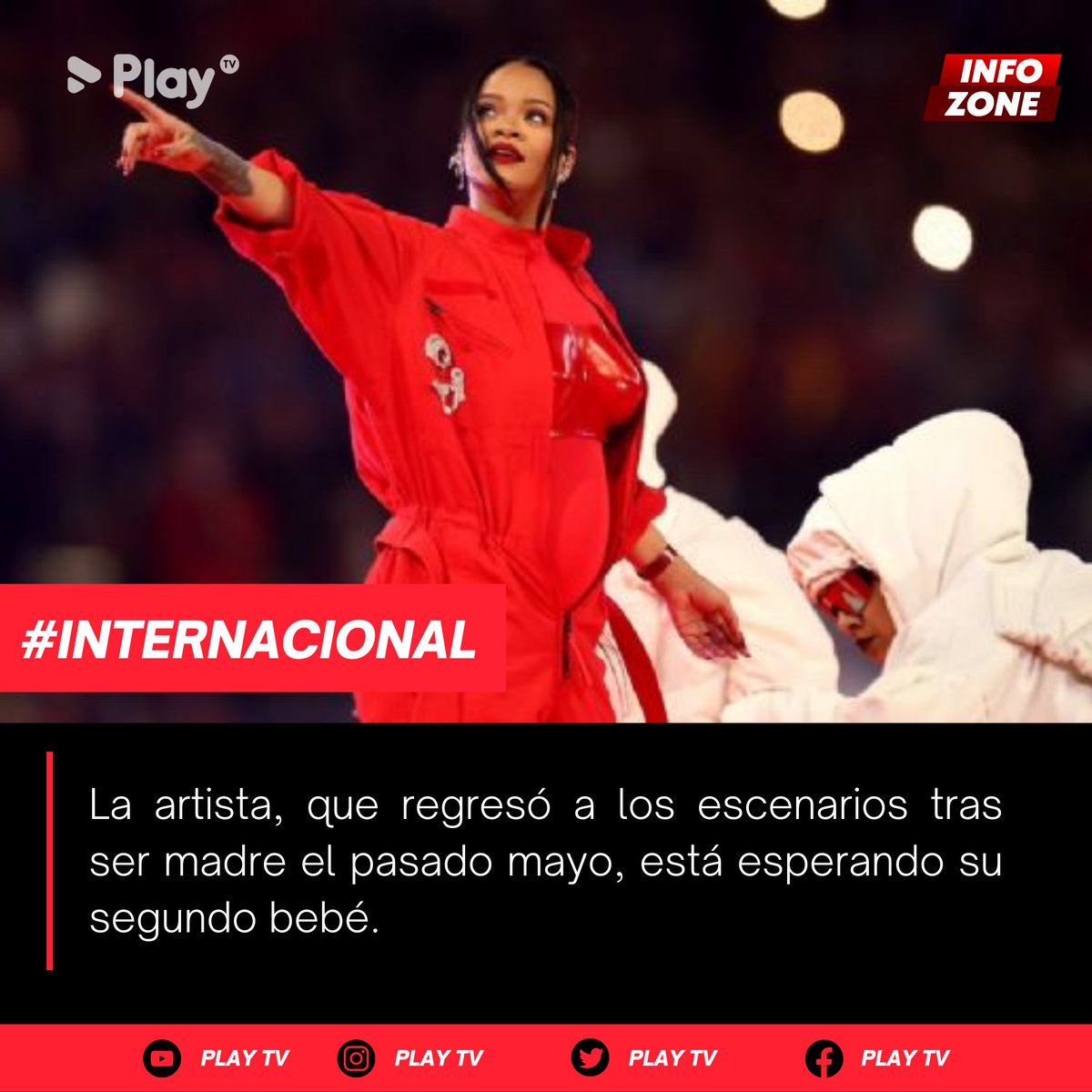 PlayTVPE's tweet image. #InfoZone 🚨
Rihanna se subió al escenario en el intermedio de la Super Bowl para repasar los temas más emblemáticos de su carrera, pero también para anunciar una increíble noticia a nivel personal: su segundo embarazo. 

#Rihanna #SuperBowl #RihannaSuperBowl