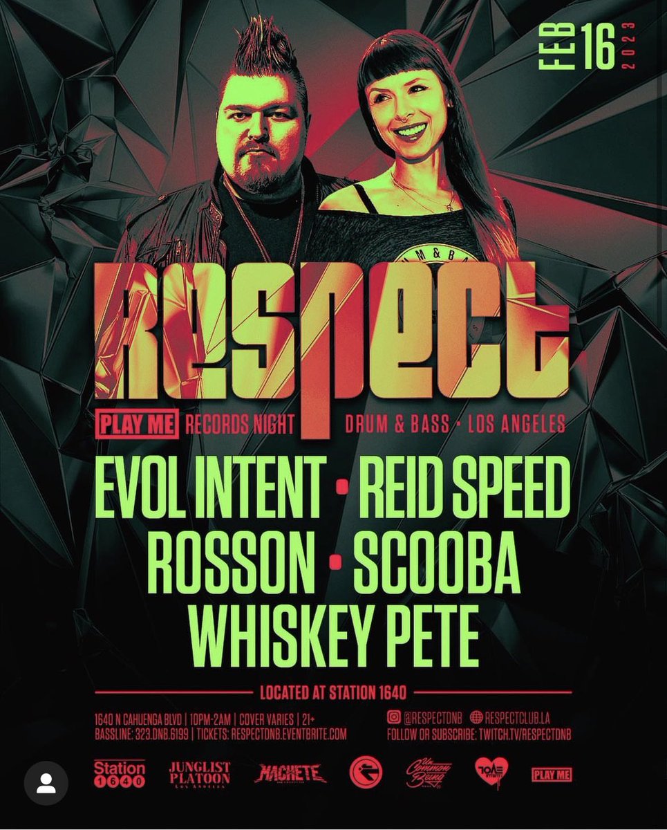 This Thursday @playmerecords takes over @RespectClub with special guest @Evol_Intent alongside myself+ cofounder @Alex_Rosson + @Whiskeypete & Scooba 😺 Gonna be a big one! Join us: eventbrite.com/o/respect-damp… #drumandbass #losangelesdnb