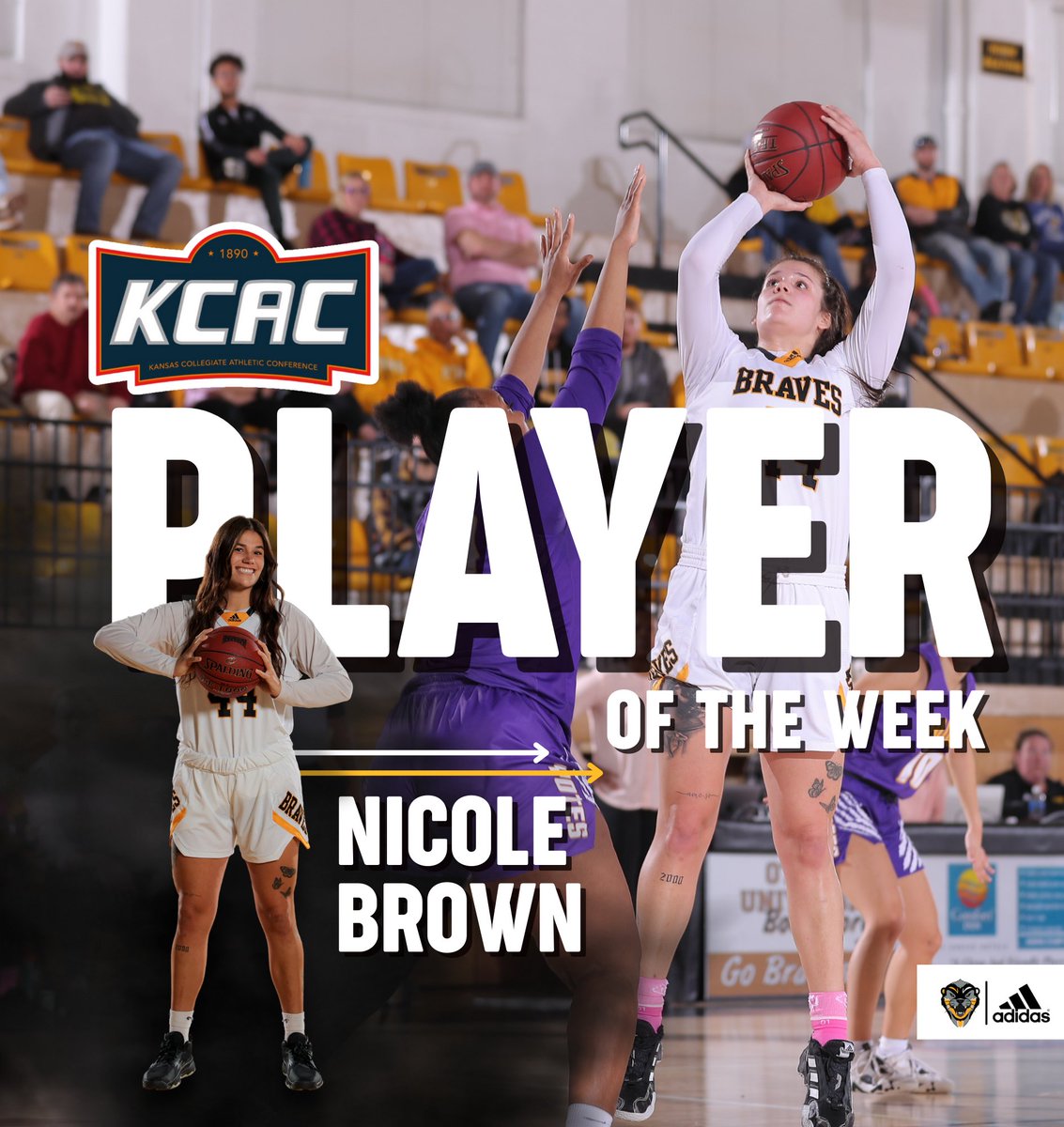 🚨 New week, another award for Nicole Brown.

Congrats Nicole on being named the 𝗞𝗖𝗔𝗖 𝗢𝗳𝗳𝗲𝗻𝘀𝗶𝘃𝗲 𝗣𝗹𝗮𝘆𝗲𝗿 𝗼𝗳 𝘁𝗵𝗲 𝗪𝗲𝗲𝗸.

Nicole helped lead your Braves to 3⃣ straight wins this week while averaging 1⃣8⃣ points and 1⃣3⃣ rebounds in those contests.