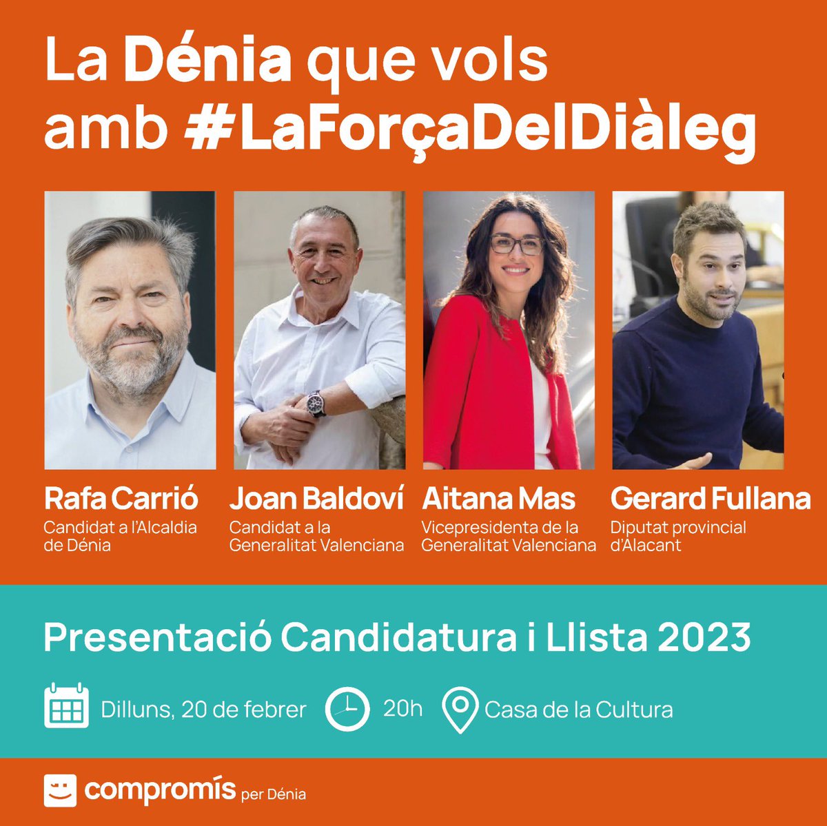 📣Presentem la nostra candidatura #LaForçaDelDiàleg

👉🏼el pròxim dilluns, 20 de febrer, a la sala d’actes de la Casa de la Cultura amb, precisament, un diàleg amb el nostre candidat, <a href="/Rafa_Carrio/">Rafa Carrió</a> , i amb uns convidats de luxe: <a href="/joanbaldovi/">Joan Baldoví ;)</a>, @AitanaMas i <a href="/gerardfullana/">Gerard Fullana</a> 🙌