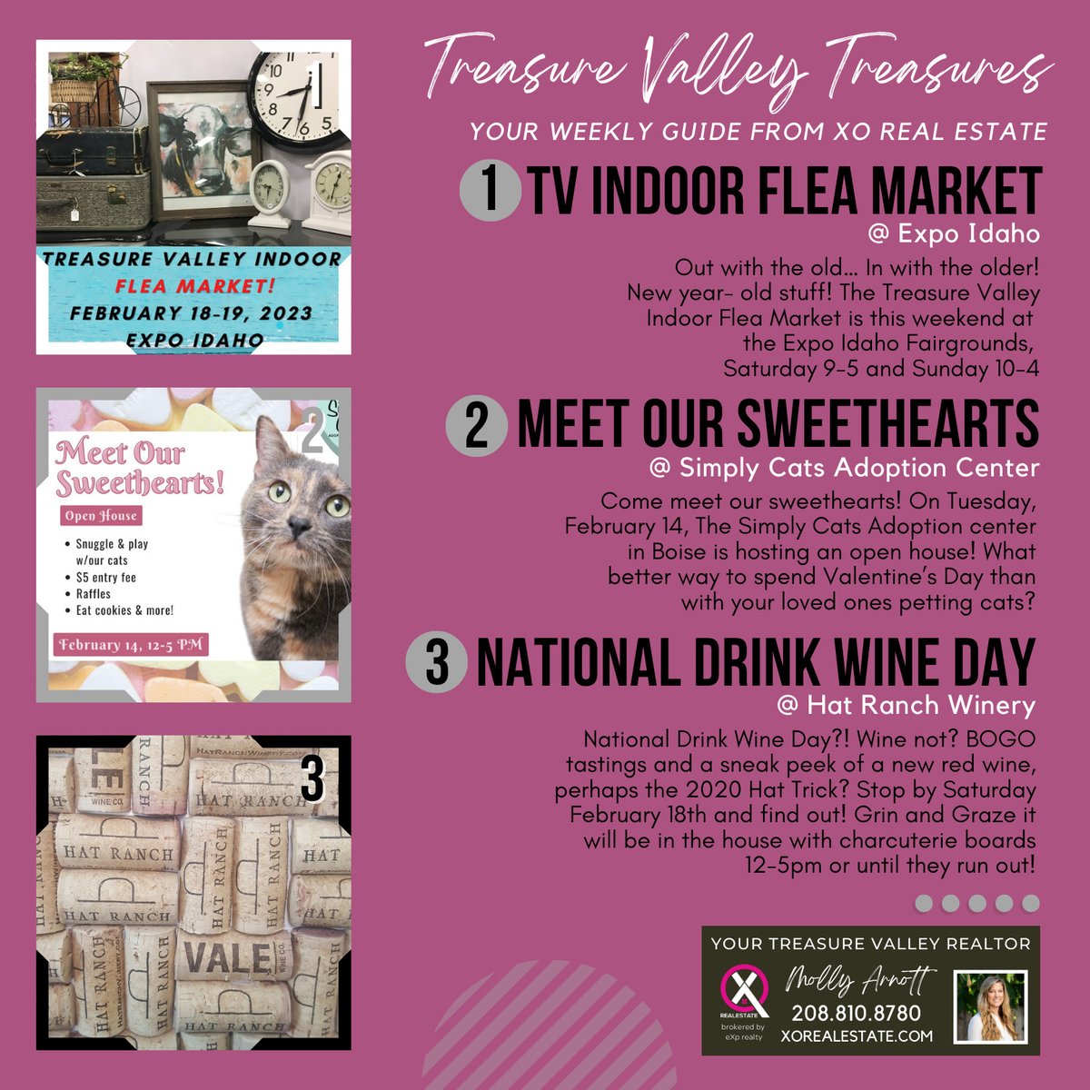 MolDizzle's tweet photo. 💘This week's Treasure Valley Treasures:
1️⃣ Treasure Valley Indoor Flea Market @ Expo Idaho, Boise
https://t.co/HI6zWvUU0L
2️⃣ Meet Our Sweethearts @ Simply Cats, Boise
https://t.co/kTQIuUacac
3️⃣ National Drink Wine Day @ Hat Ranch Winery, Caldwell 
https://t.co/44kAOZdQEP https://t.co/6UrqBvx6KU