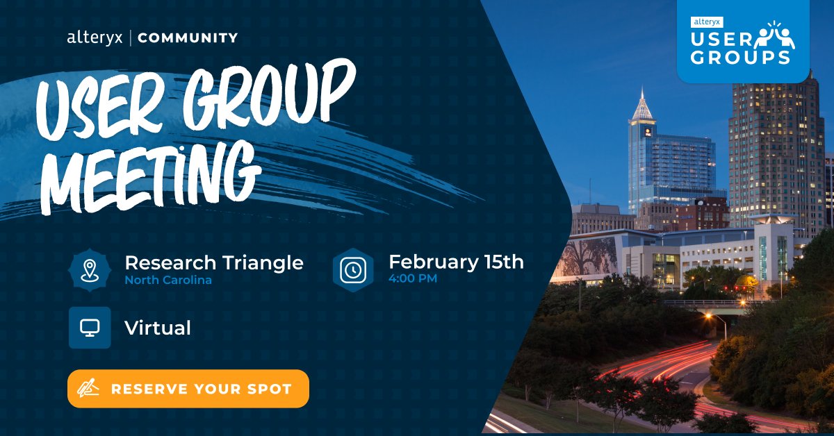 alteryx's tweet image. Don&apos;t miss our RTP User Group Meeting for &apos;Tips and Tricks,&apos; including how to build the most efficient workflows.

➕ Fortify fundamentals that&apos;ll help you get the most from the Alteryx #AlteryxCloud platform capabilities!

Sign up: ow.ly/WHtv50MR9qU

#AlteryxCloudWeek