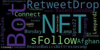 infokalyptisch's tweet photo. Trending in my timeline now: #NFT (2) #Bot (2) #RetweetDrop (1) #sFollow (1) #Afghan (1) #Connect (1) #ValentinesDay (1) #LosAngeles (1) https://t.co/x3B4wKPaxt