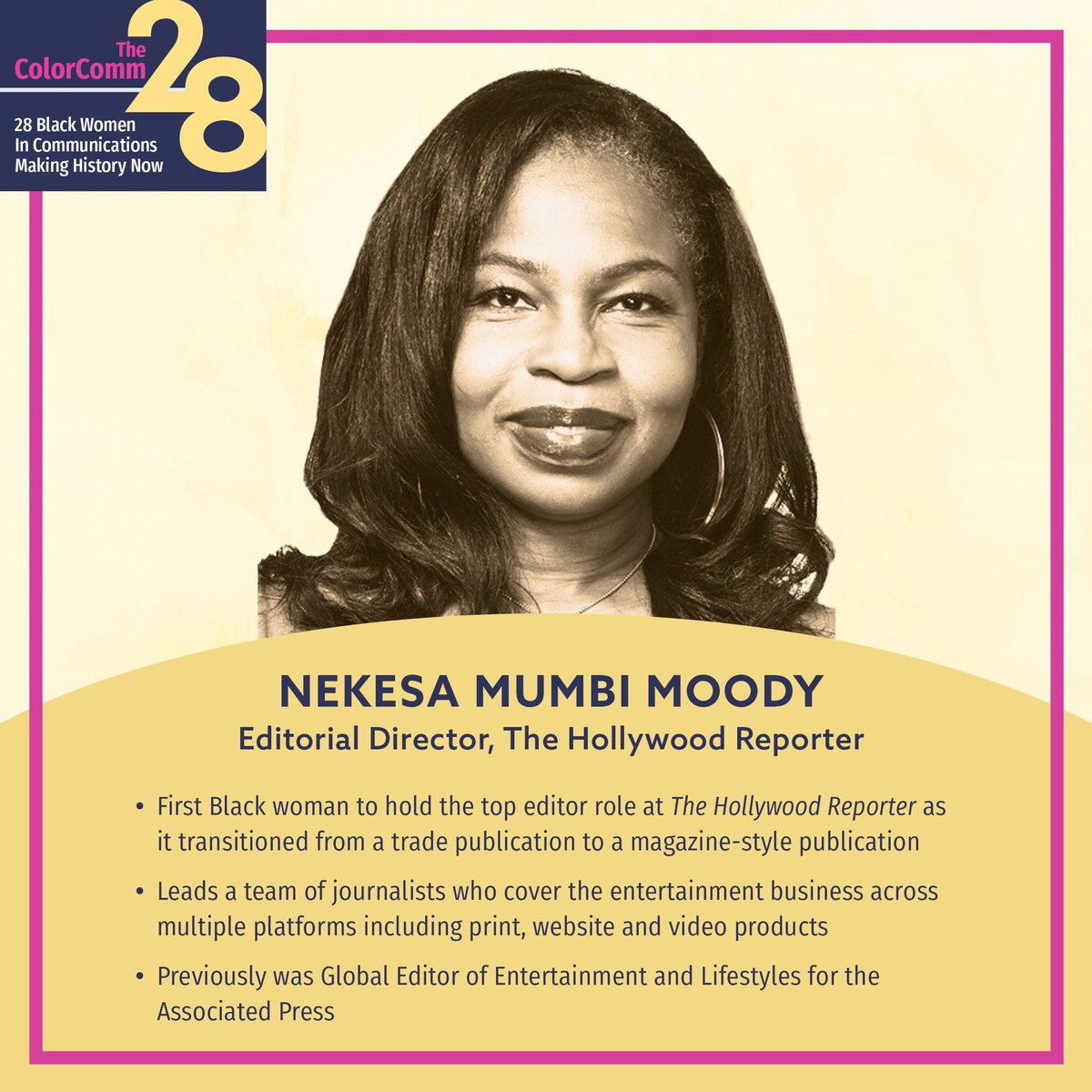 ColorCommntwk's tweet photo. @nekesamumbi, the first Black woman editorial dir. of @THR, leads a team of journalists who expertly cover the business of #Hollywood. She has covered the #Oscars, the Cannes Film Festive, & the #Grammys.
#blackhistory #makingblackhistory #ColorComm28 #ColorComm https://t.co/LfGh2WZHoL