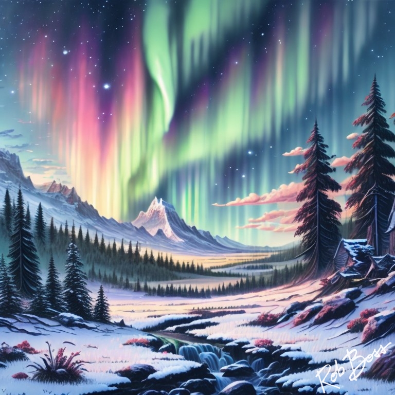 ArtistRobBoss's tweet image. "The aurora borealis dances across the sky like a celestial performance, a symphony of light and color. It's a reminder that beauty can be found in even the darkest of nights and that there is always a glimmer of hope on the horizon." #RobBoss #nftart #artist #GM #GN #NFTproject