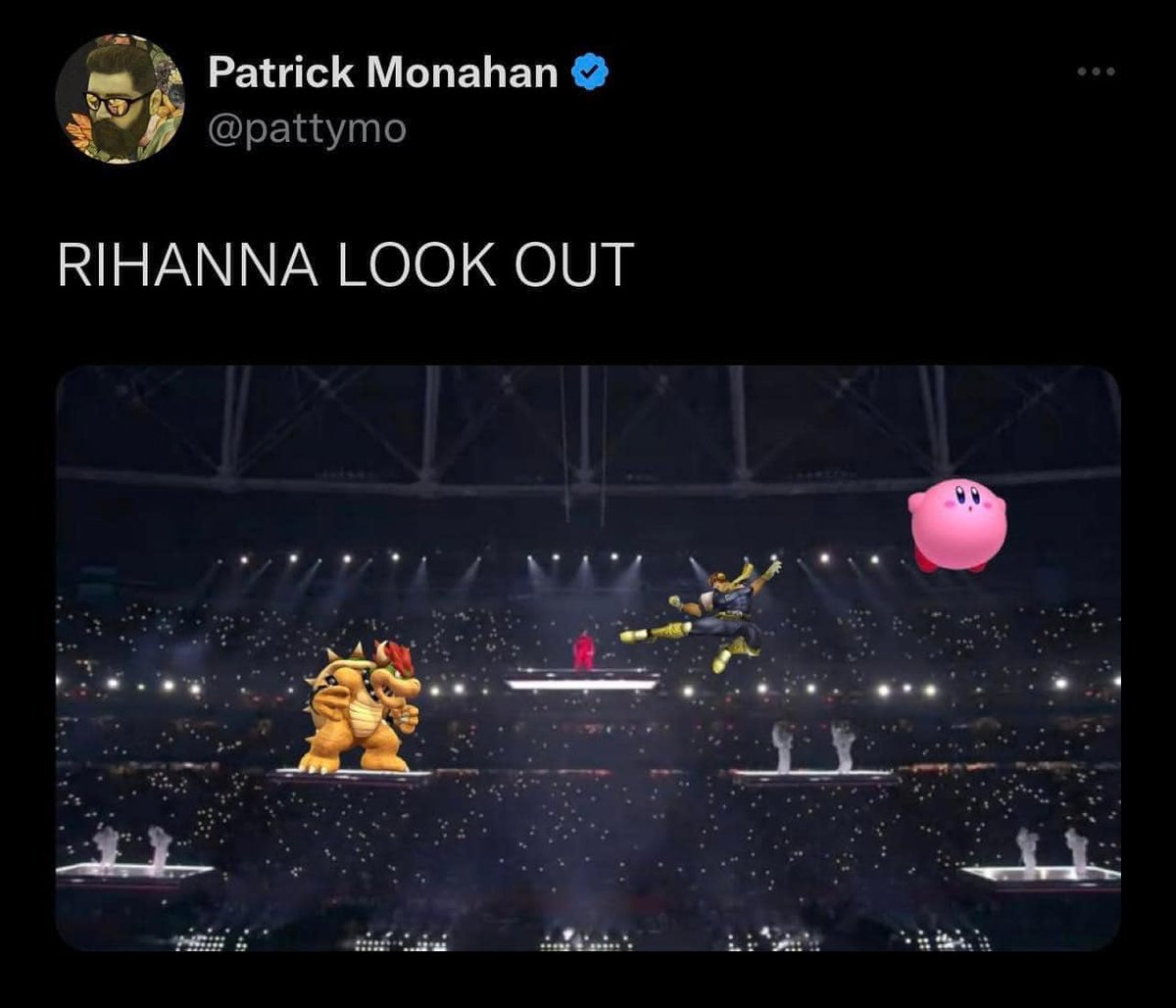 RITCgaming's tweet photo. Falcon KICK!! 😂

#SuperBowlLVII #Rhianna #Nintendo #HalftimeShow https://t.co/BxBEX6pxyS
