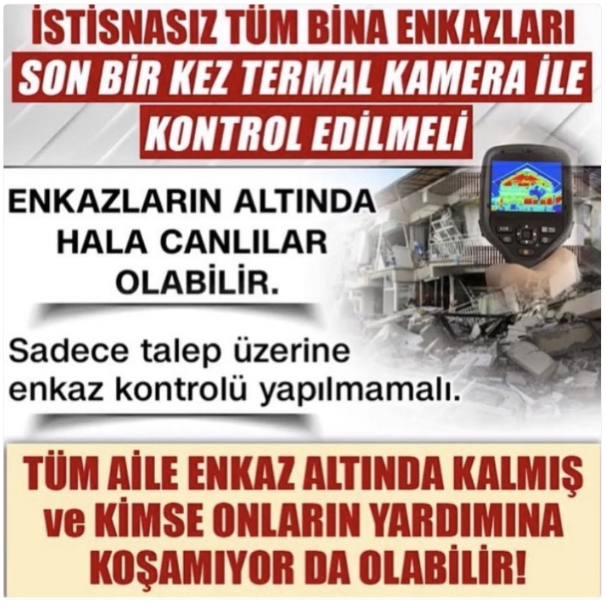 rikorisif's tweet photo. dozerler kepçeler enkaz kaldırma kararı vermeden önce mutlaka bu kontrol yapılmalı. Asla emin olamayız unutmayalım. Şu an 188. saatteyiz ve  yerden hala yaşam sesleri geliyor. @AKUT_Dernegi @DepremDairesi @AFADBaskanlik @TC_icisleri @ahbap @ihhinsaniyardim https://t.co/JXWmHzPFpQ