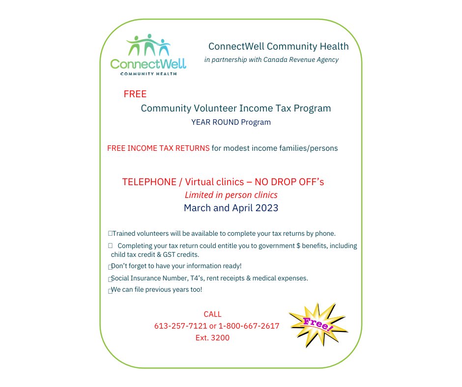 FREE income tax help is available through ConnectWell Community Health. Details here: