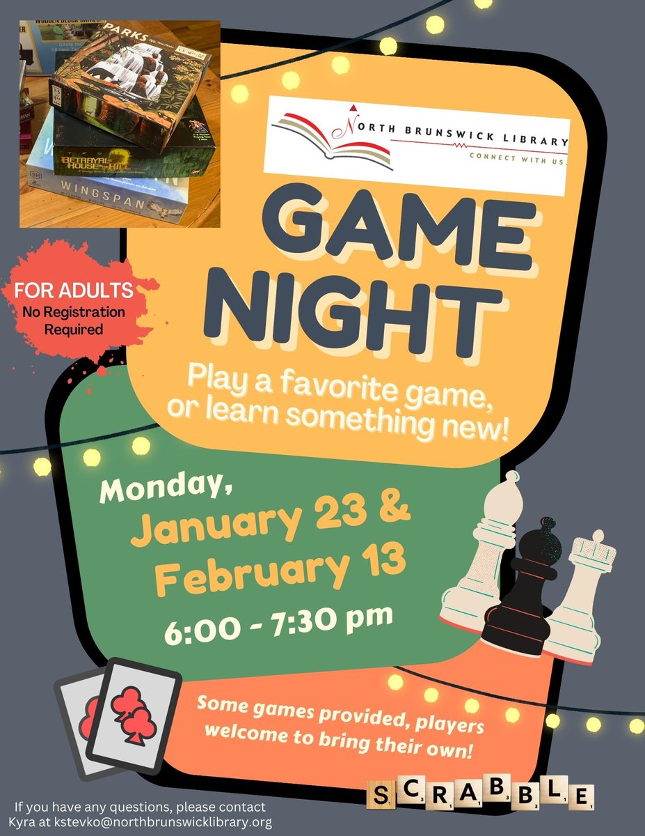 Tonight at 6PM, adults are invited to NOBR PL to play #games & meet new people! Feel free to bring your own games as well! #gamenight #gamenightfun #northbrunswicklibrary