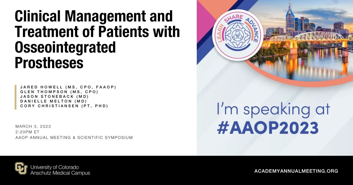 We're speaking at #AAOP2023!  'Clinical Management and Treatment of Patients with Osseointegrated Prostheses' on 3/3 at 2:20p ET. This interactive session will provide real-world training & invite immediate application in your clinical practice. @CUOrtho @AcademyofOandP