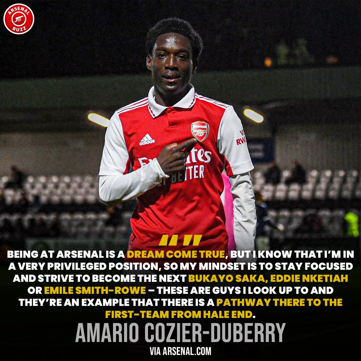 🗣️| Amario Cozier-Duberry: “My mindset is to stay focused and strive to become the next Bukayo Saka, Eddie Nketiah or Emile Smith-Rowe – these are guys I look up to.” #afc