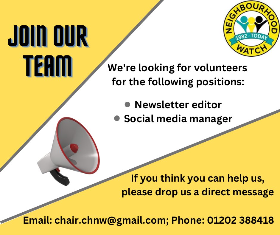 📣 Calling all Canford Heath residents!

Are you a budding writer or aspiring content creator?

If so, we would love to hear from you as we have two exciting volunteer opportunities!

Details below 👇 

#canfordheath #neighbourhoodwatch