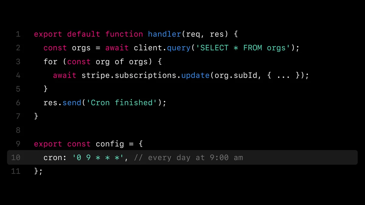 Screenshot of a Vercel Serverless Function which exports a configuration option that takes a cron expression