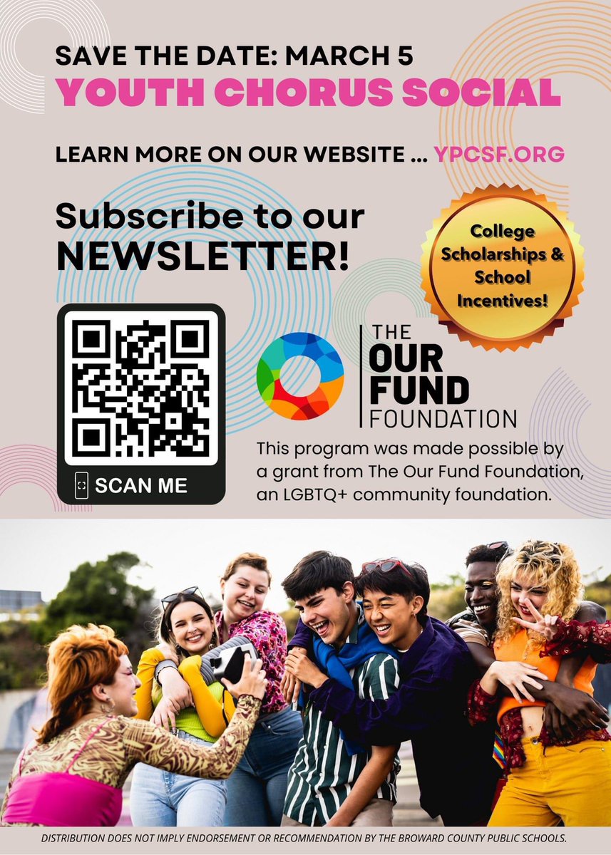 Youth Chorus Social Mixer-Sunday, March 5, 2023 • 3pm-5pm • The Pride Center at Equality Park, Room 204

Parents, families, students and teachers are welcome to attend this social mixer to learn more about the Youth Pride Chorus of South Florida program. ypcsf.org