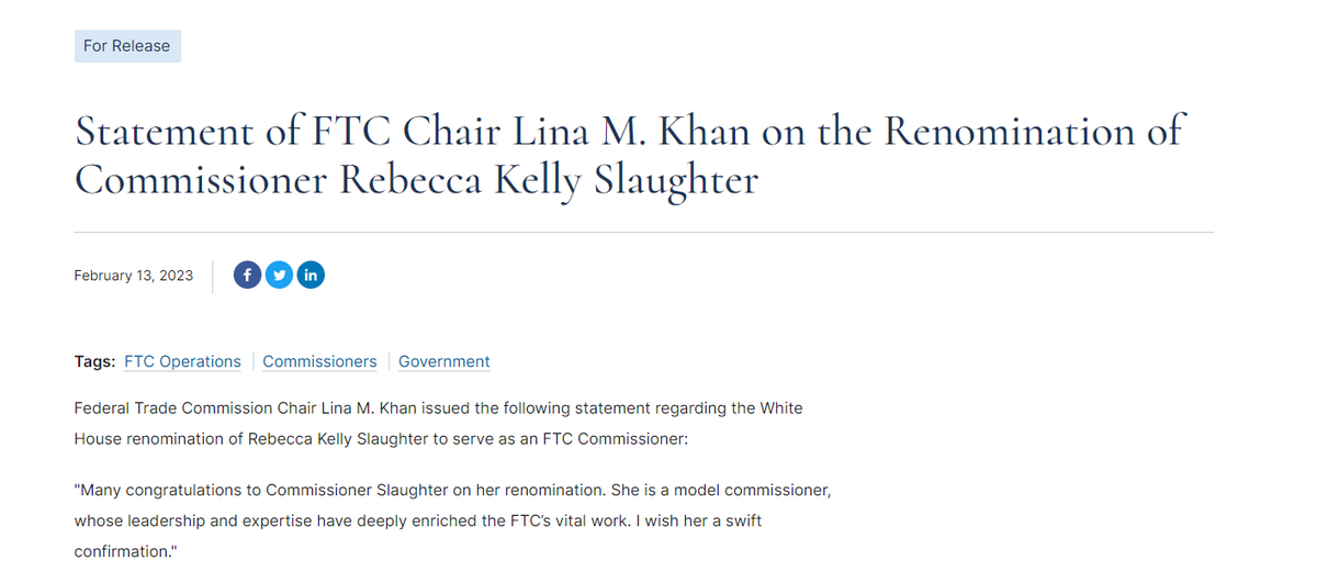 FTC Chair Lina M. Khan issued the following statement regarding the White House renomination of Rebecca Kelly Slaughter to serve as an FTC Commissioner: bit.ly/3YyhFAX