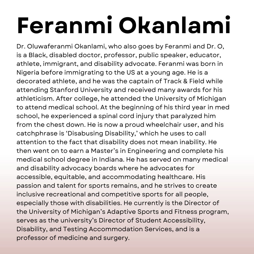 DisabilityRtsFL's tweet image. Black Disability Leaders You Should Know About: Dr. Oluwaferanmi Okanlami

Read his bio on our website: bit.ly/3HOL2ck 

@Okanlami #DisabusingDisability #BlackDisabledFutures #BlackDisabledFuturesMonth #BlackHistoryMonth #BHM @DisCultureUM @umfamilymed @umadaptive