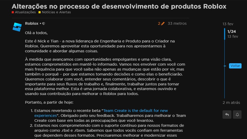 RTC em português  on X: 🛠️ STUDIO: O Roblox finalmente agiu e começará a  explicar e informar seus planos de longo prazo aos desenvolvedores antes de  executá-los. ➤   /
