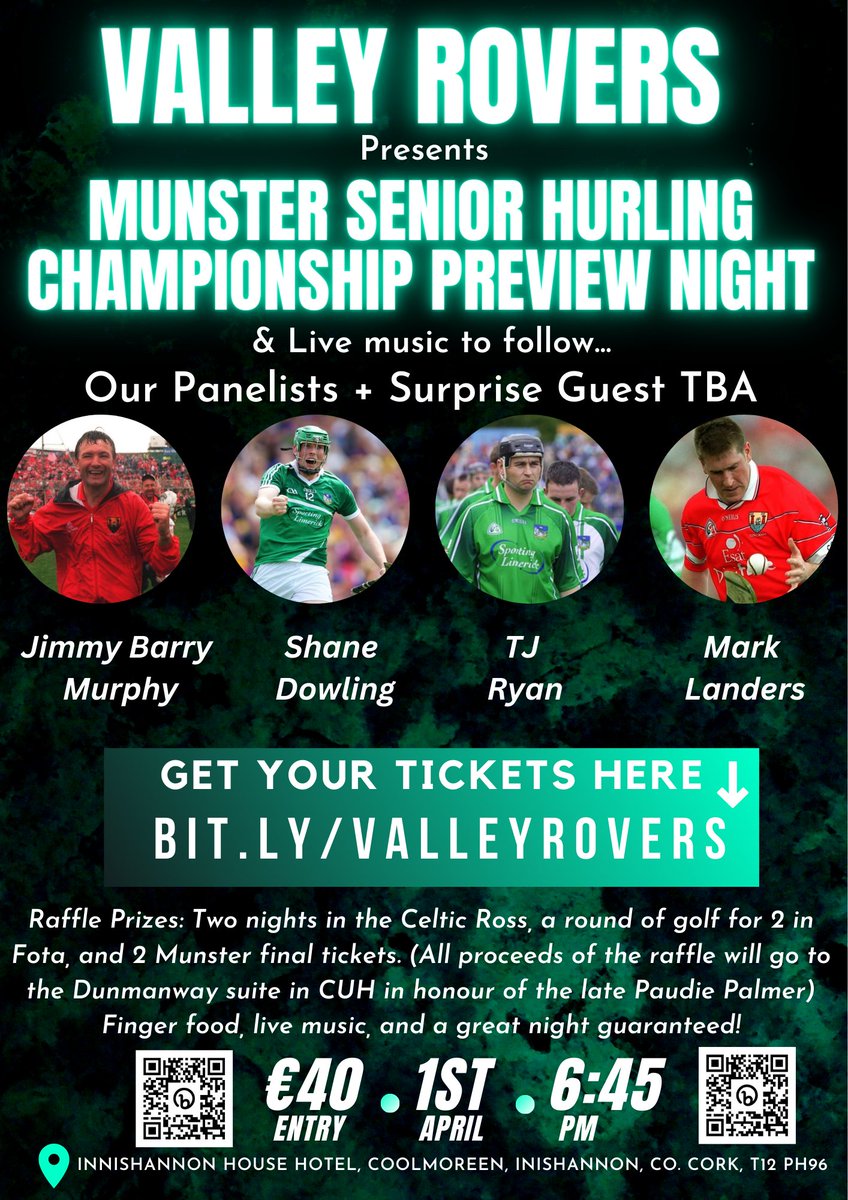 ValleyRoversGAA's tweet photo. Valley Rovers GAA presents a Munster Hurling Championship Preview night at Innishannon House Hotel on Saturday 1st of April 2023 with special guests. Finger food and live music will also be provided. 

https://t.co/WDj8AOV8J7 https://t.co/7mUPXHLTZQ