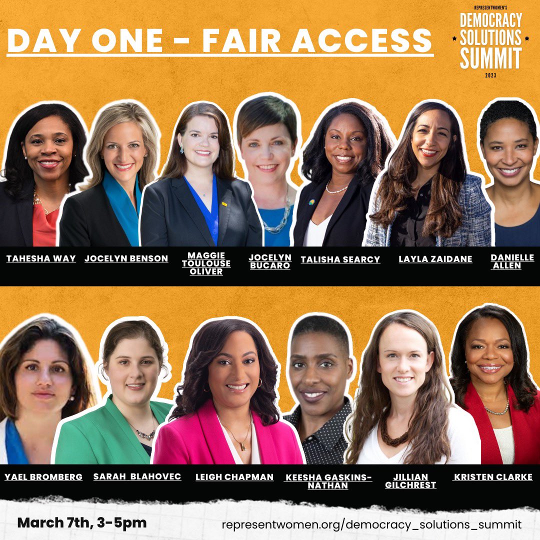 RepresentWomen's tweet image. Look at this fabulous speaker lineup for day one of our #2023DemocracySolutionsSummit on March 7! Register today to hear our speakers discuss #DataDrivenSolutions to increasing #WomensRepresentation! You don’t want to miss this!
us06web.zoom.us/webinar/regist…