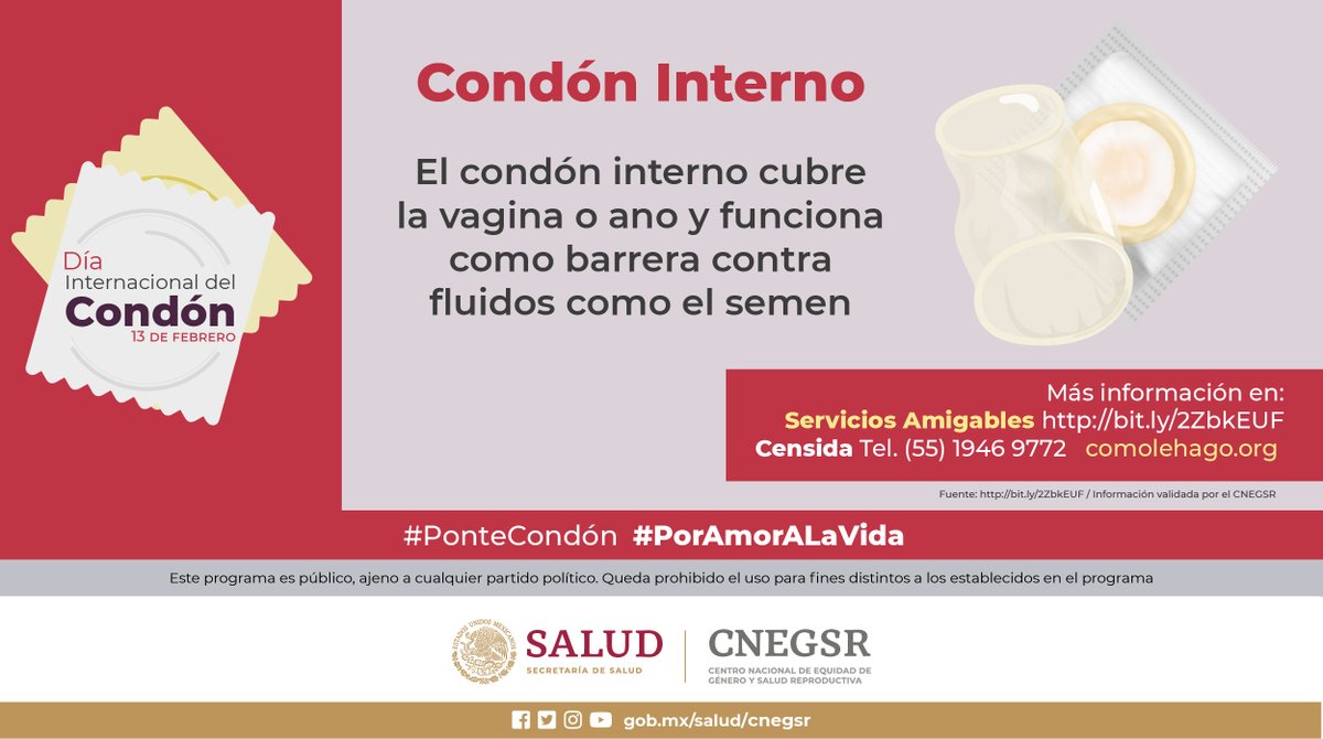 SSalud_mx's tweet image. 13 de febrero | Día Internacional del #Condón

¿Sabes en qué consiste  el #CondónInterno?

Conoce más en ➡️ bit.ly/3rxrazD

#PonteCondón #PorAmorALaVida