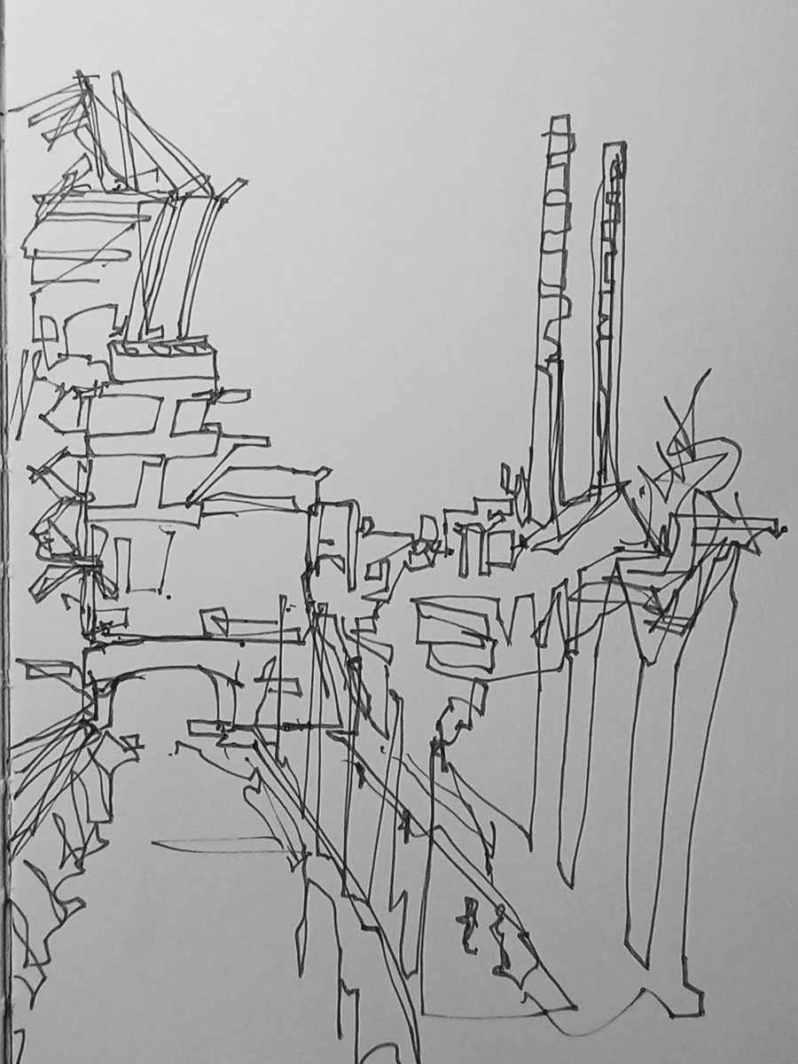 Single line sketch (nearly) and kinda like the composition.  Think I'll take the watercolours to this :) #dublin #crokepark #poolbegchimneys #canal #sketch