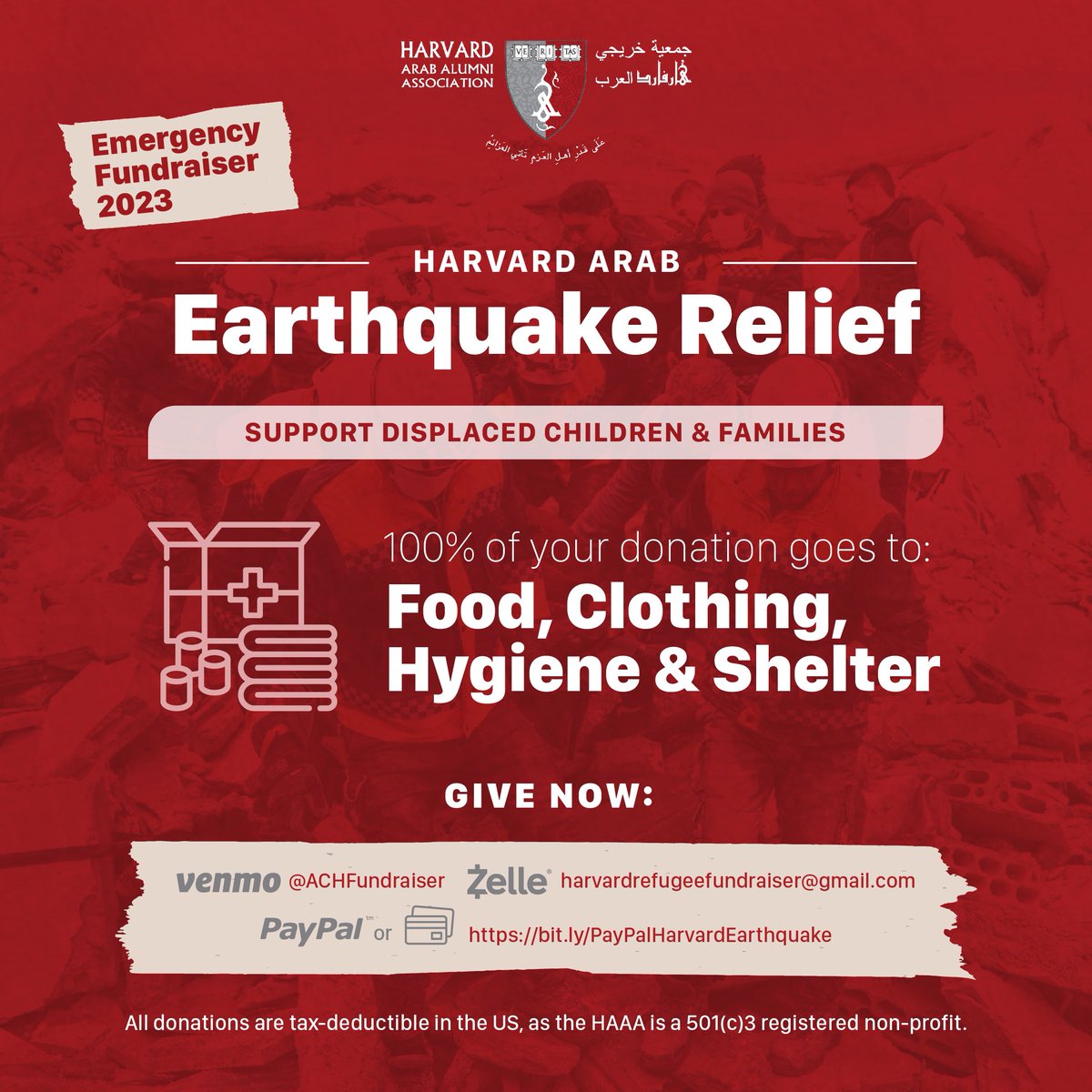 Harvardarabaa's tweet photo. In response to the earthquake that hit Northwest Syria and Southern Central Türkiye, we are launching an Earthquake Relief Campaign to support affected and displaced children and families, with a focus on Syrian refugees. Help us $50,000 - https://t.co/gC9FrKKQuX https://t.co/IcMLQff7Wm