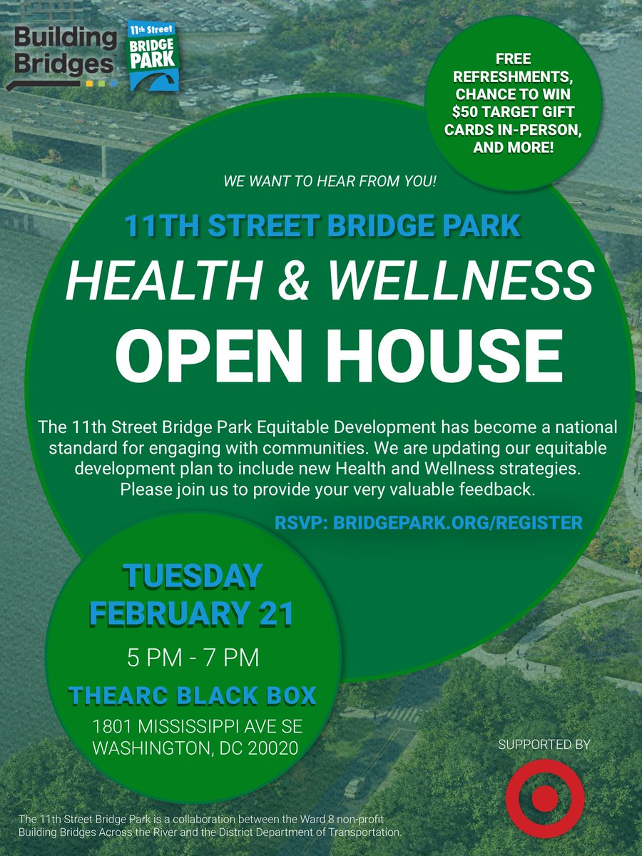 Proud to be supporting <a href="/DCBridgePark/">DCBridgePark</a>'s Health &amp; Wellness strategies. #DC folks, please join us at 5pm on 2/21  for the 11th Street Bridge Park Equitable Development Open House.  RSVP at bridgepark.org/register
 #DCBridgePark #BridgingDC #equitable <a href="/creidsboe/">Dr. Carlene Reid, Ward 8 SBOE Rep</a> <a href="/Eboni_RoseDC/">Ward 7 Rep. Eboni-Rose Thompson</a>