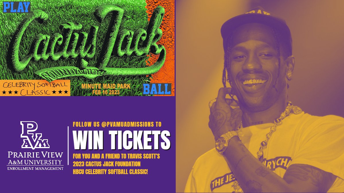 PVAMU Admissions (@pvamuadmissions) on Twitter photo Follow us <a href="/PVAMUAdmissions/">PVAMU Admissions</a> to win tickets for you and a friend to <a href="/trvisXX/">TRAVIS SCOTT</a> 2023 Cactus Jack Foundation HBCU Celebrity Softball Classic. Follow us <a href="/PVAMUAdmissions/">PVAMU Admissions</a> to win tickets for you and a friend to <a href="/trvisXX/">TRAVIS SCOTT</a> 2023 Cactus Jack Foundation HBCU Celebrity Softball Classic.