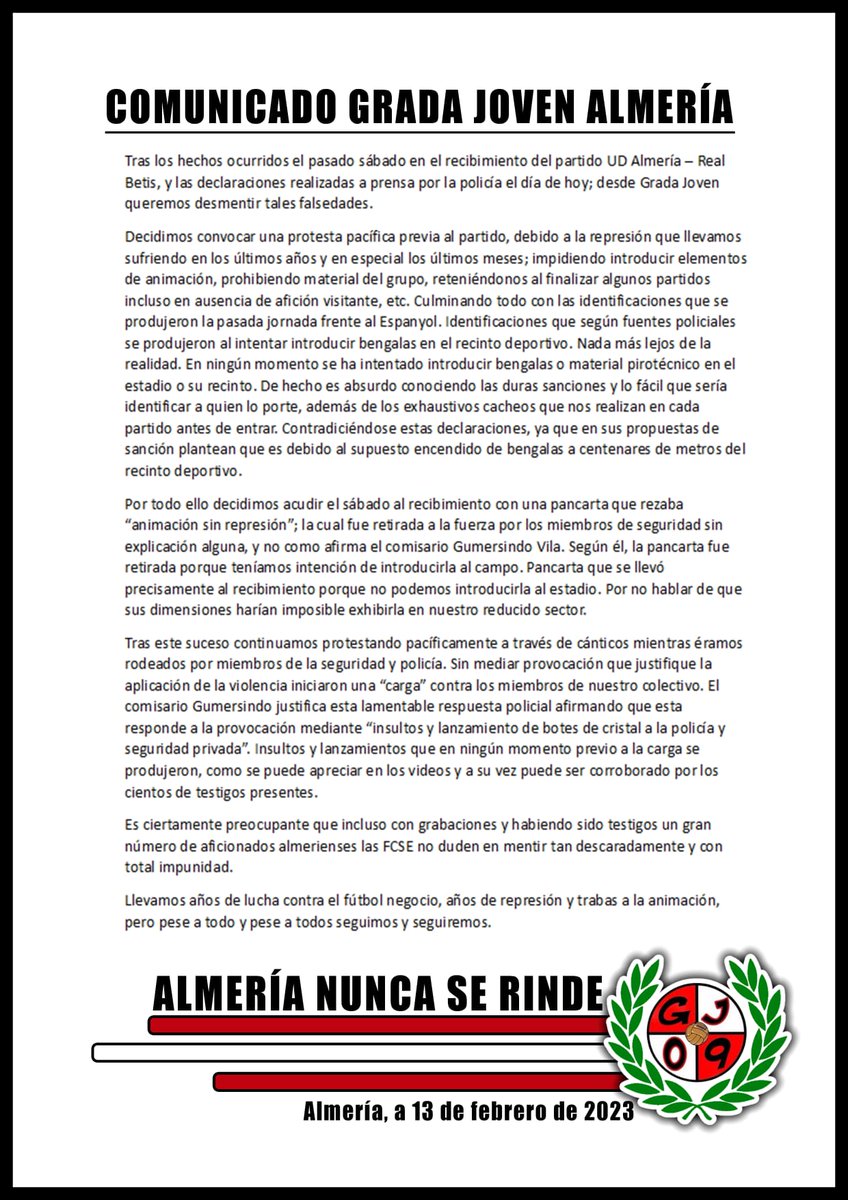 Comunicado en relación a los hechos sucedidos el sábado y las posteriores declaraciones. #AnimaciónSinRepresión  <a href="/U_D_Almeria/">UD Almería</a>
