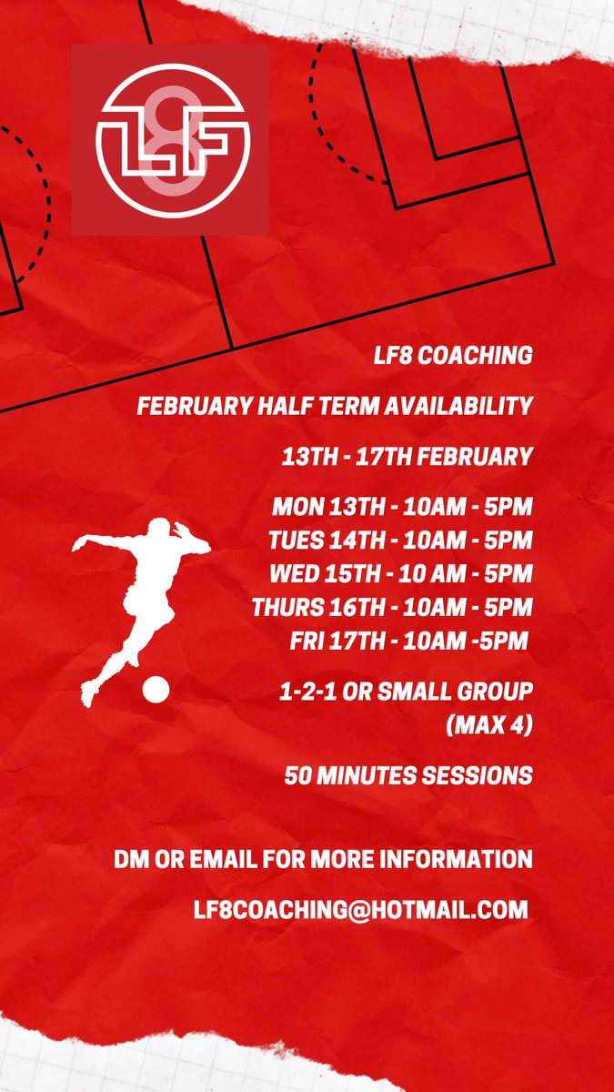 ⚽️ last 2 sessions remaining ⚽️

Wed 15th

10am - 12pm

Fri 17th

10am - 12pm

DM or email for more information