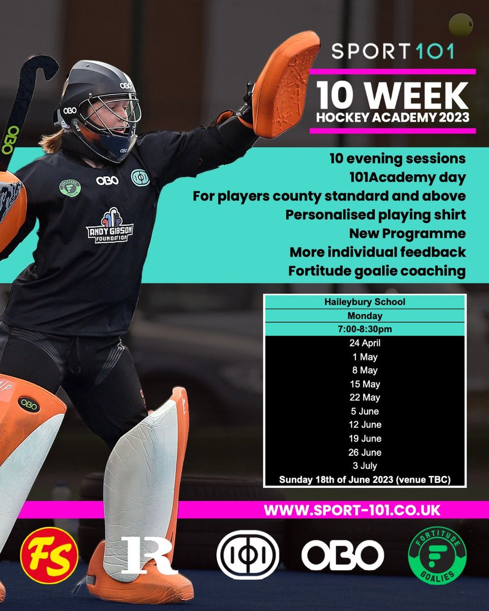 Sport 101 - 10 Week Academy 2023 
10 Evening Sessions
1 Academy Day
For Players County Standard and Above
Personalised Playing Shirt
New Programme
More Individual Feedback
Fortitude Goalie Coaching

You can sign up sport-101.co.uk/101academies/p…