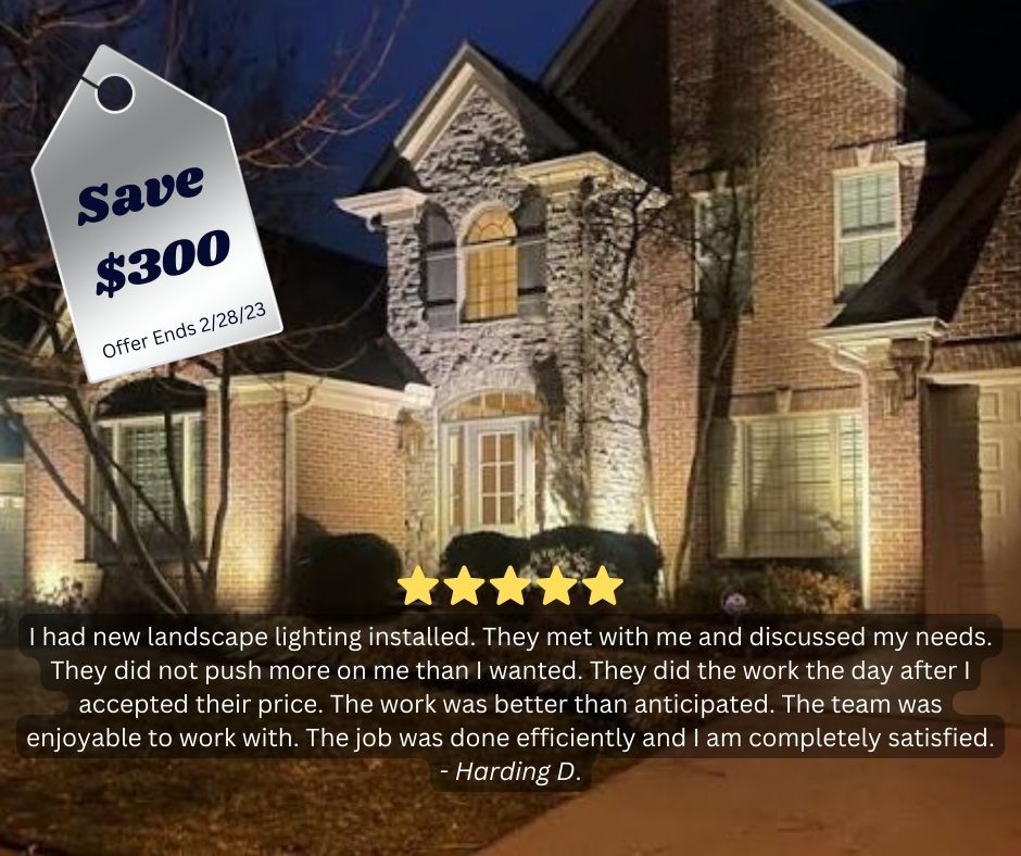 Outdoor lighting can provide several benefits, such as increased safety and security, improved visibility and walkability, and enhanced aesthetic appeal. Get a new lighting system and save $300.  Can or text 859-800-7473 for a FREE consultation