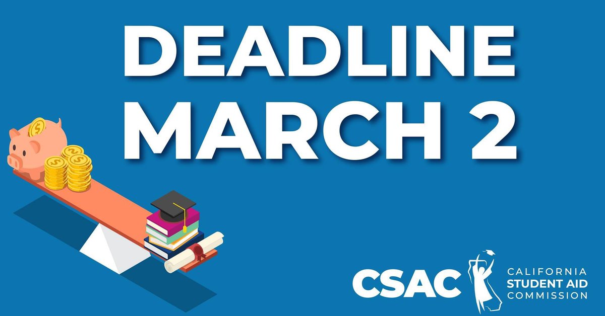 castudentaid's tweet photo. You have time!

The state #FinancialAid priority deadline isn't until March 2 and you have help! CSAC is here to answer your questions and help you with applications.

Register for a #CashForCollege webinar today at https://t.co/LQj1TxdESn

#FAFSA #CADreamAct https://t.co/5zDEE2zrHw