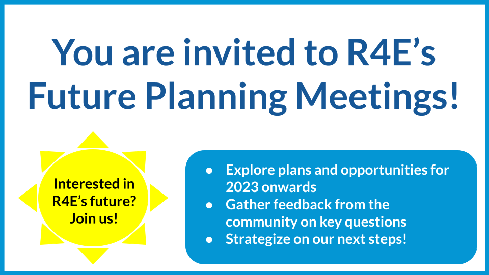 repro4everyone's tweet photo. Are you interested in the future of #R4E? Join us for our Future Planning Community Meetings! As always, we will hold 2 meetings w/ the same agenda to reach as many timezones as possible. 

February 23 &amp; 24, 2023

Register to join us: https://t.co/0mKx49YDfO. https://t.co/ysKJlbw4d3