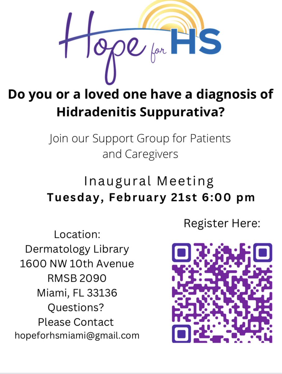 Living with #HidradenitisSuppurativa can be very difficult. If you live in the Miami/Broward area, join us on Tuesday February 21st at @umfrostderm as we inaugurate our #HS support groups for patients and caregivers in partnership with @hopeforhs! RSVP: shorturl.at/nyNPX