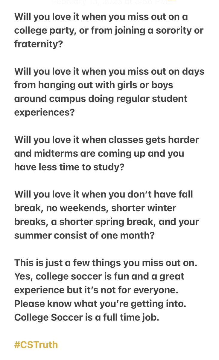 ImCollegeSoccer's tweet photo. You love soccer now, but will you love it when you’re 3rd on the depth chart?

Will you love college soccer when the commitment is 40-60 hours a week of soccer, school, recovery, lifting, conditioning, study hall, film, travel, etc.?

It’s not easy!

#CSTruth https://t.co/8drhtEjdO9