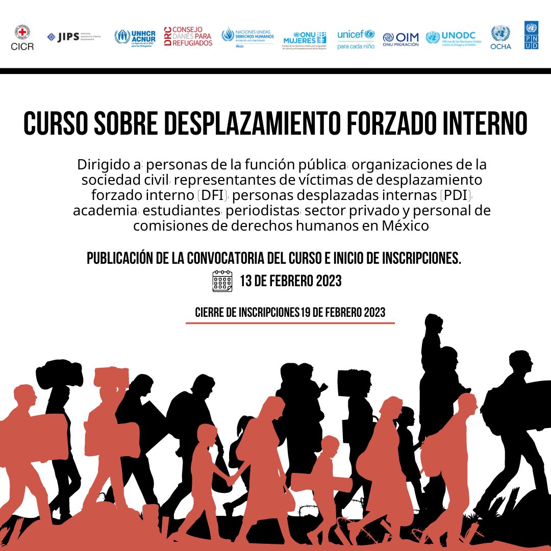 OIM_Mexico's tweet photo. 📣#Convocatoria | Hoy iniciamos las inscripciones para la II edición del Curso sobre Desplazamiento Forzado Interno(DFI) dirigido a actores estratégicos en México, y coordinado por 🇺🇳, junto a. @CICR_DRMX, @JIPS_profiling y @DRC_ngo.

Inscripciones vía: https://t.co/0BVbl93MtZ https://t.co/4YsKBsihnj