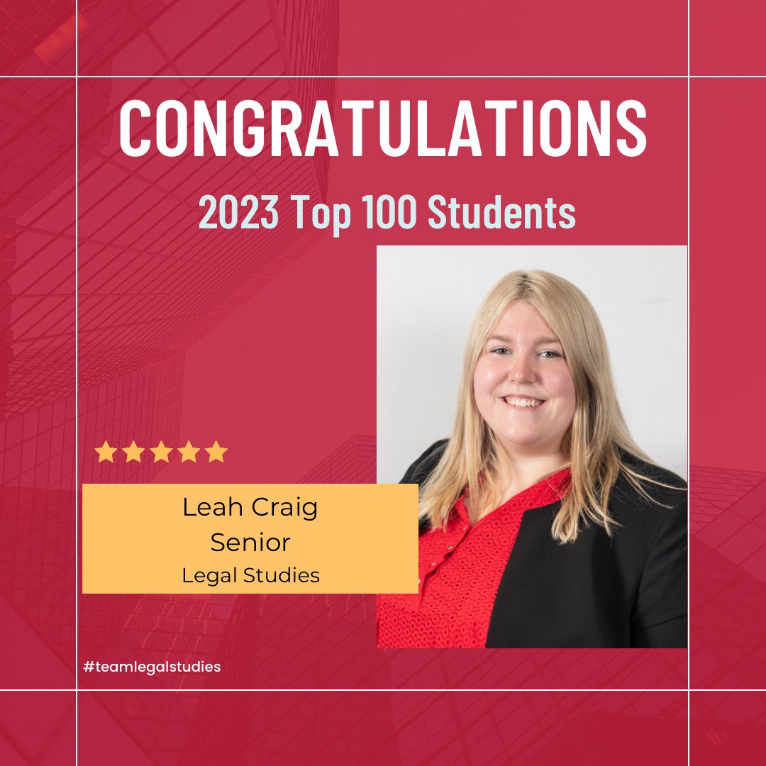 BSULegalStudies's tweet photo. Congratulations Leah!  Top 100 for the second consecutive year!  #teamlegalstudies #wefly #legalstudies #bsucsh https://t.co/63ePmQXp57