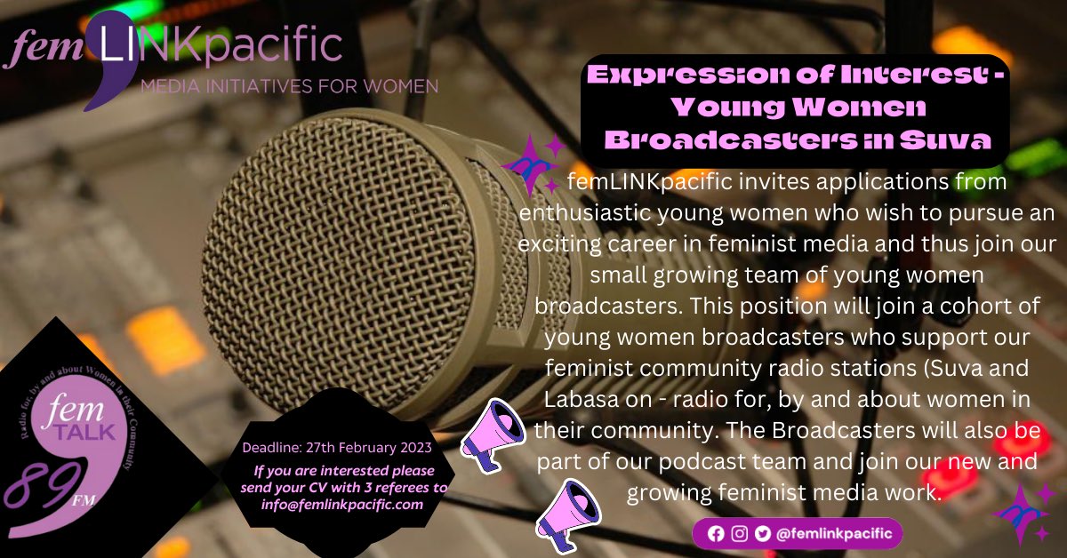 femlinkpacific's tweet photo. #teamfij We are looking for #youngwomen broadcasters in Suva. Expression of Interest (EOI) for those that wish to join our cohort of Young Women Broadcasters can send their EOI to info@femlinkpacific.com by 27 Feb 2023. https://t.co/SBSkbxMm5C