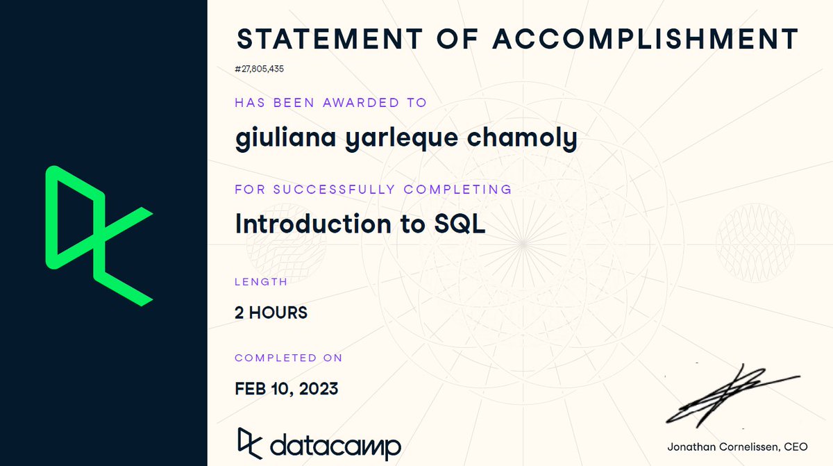 Giu_dev's tweet image. Por medio de la comunidad @DataScienceFEM descubri @DataCamp y logre terminar un curso de Sql basico muy bien explicado.
#DataScienceFEM #dataCamp #DCDonates