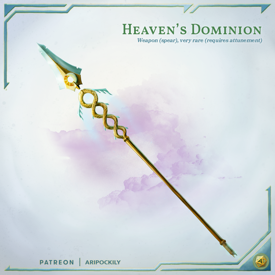 aripockily's tweet photo. 🌤 Heaven's Dominion 🌤

This helical spear belonged to the Sky Queen, a regal cloud giant who once roamed the open skies. Forged solely for cloud giants, the spear bestows its wielder only a fragment of its original runic magic.

#dnd #dnd5e #ttrpg https://t.co/FOHdTvieyb