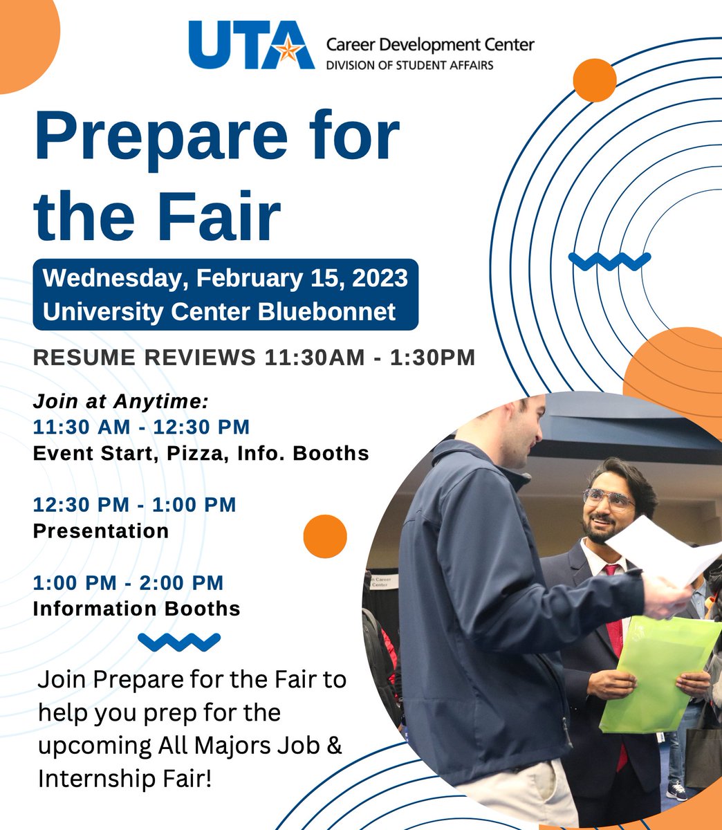 UTAeducation's tweet photo. Mark your calendars and print your resumes 🗓✨ Join the Career Development Center for the annual Prepare for the Fair event! Get your resume reviewed and learn how to navigate &amp; prepare for upcoming job fairs. #UTA #leadUTA https://t.co/AWbuK75Flx