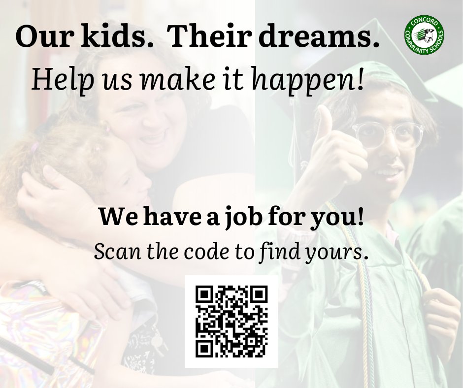 Concord_Schools's tweet photo. We're hiring!  Find a position that's right for you, and help us help our kids pursue their dreams.

We currently need paraprofessionals and a nurse.  We also have other open positions.  Scan the QR code or click the link below for more information:

https://t.co/puhuPmkIop https://t.co/OYdvZWfvm8