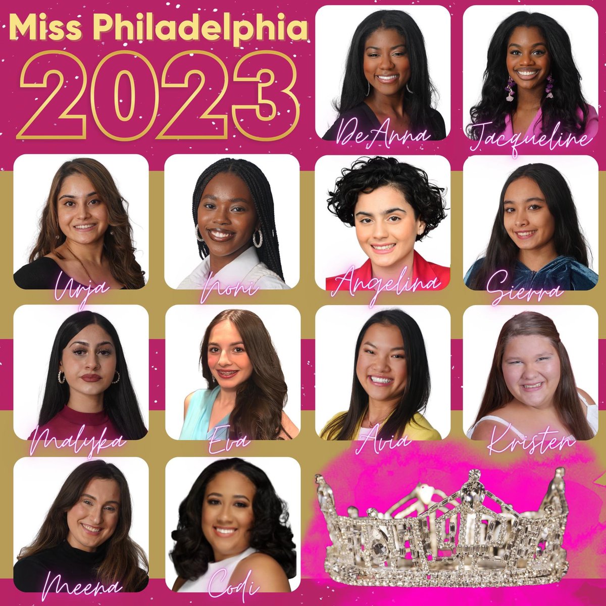 🌟 Meet our 2023 Miss Philadelphia and Miss Philadelphia's Teen Delegates! 

Miss Delegates:
Avia, Codi, DeAnna, Jacqueline, Malyka, Meena, Noni, Urja

Teen Delegates:
Angelina, Eva, Kristen, Sierra

Be sure to get your tickets today for our competition this coming Saturday.