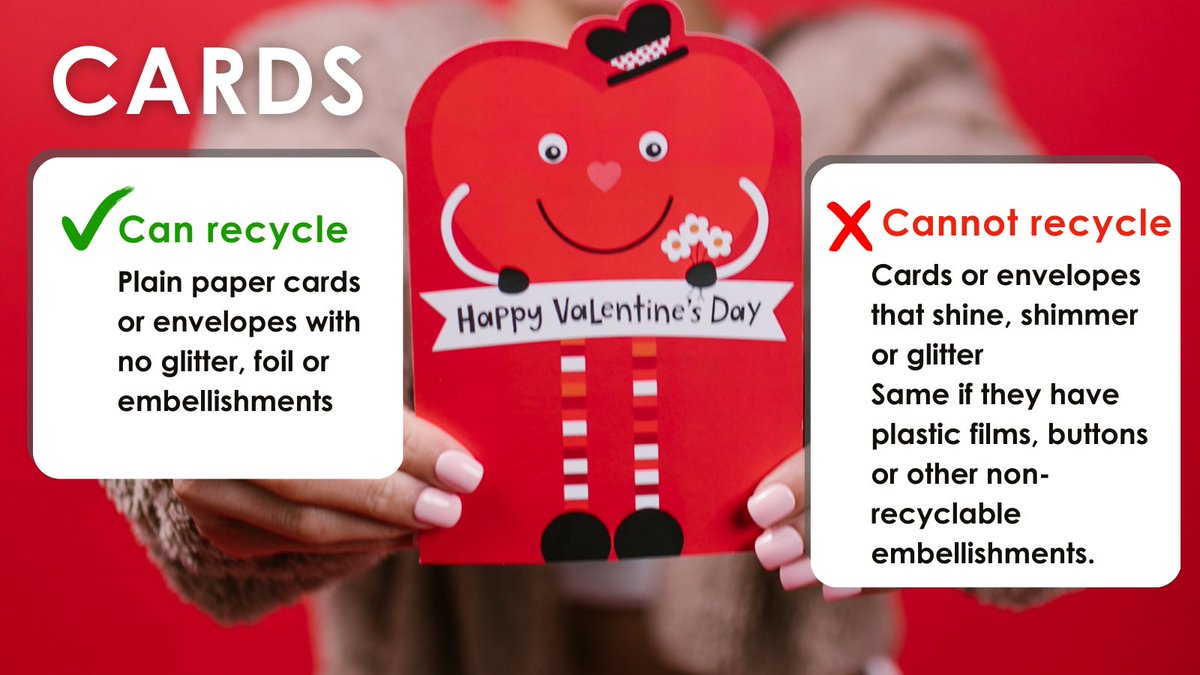 CityofWaukee's tweet photo. As you clear your fridge of holiday and Valentine's cards, only recycle the ones WITHOUT any of the sparkly stuff. If it doesn't glitter, shimmer, or shine, it can go into your recycling. If it sparkles, it goes into the trash. #RecyclingTip https://t.co/BXRq74Dkov