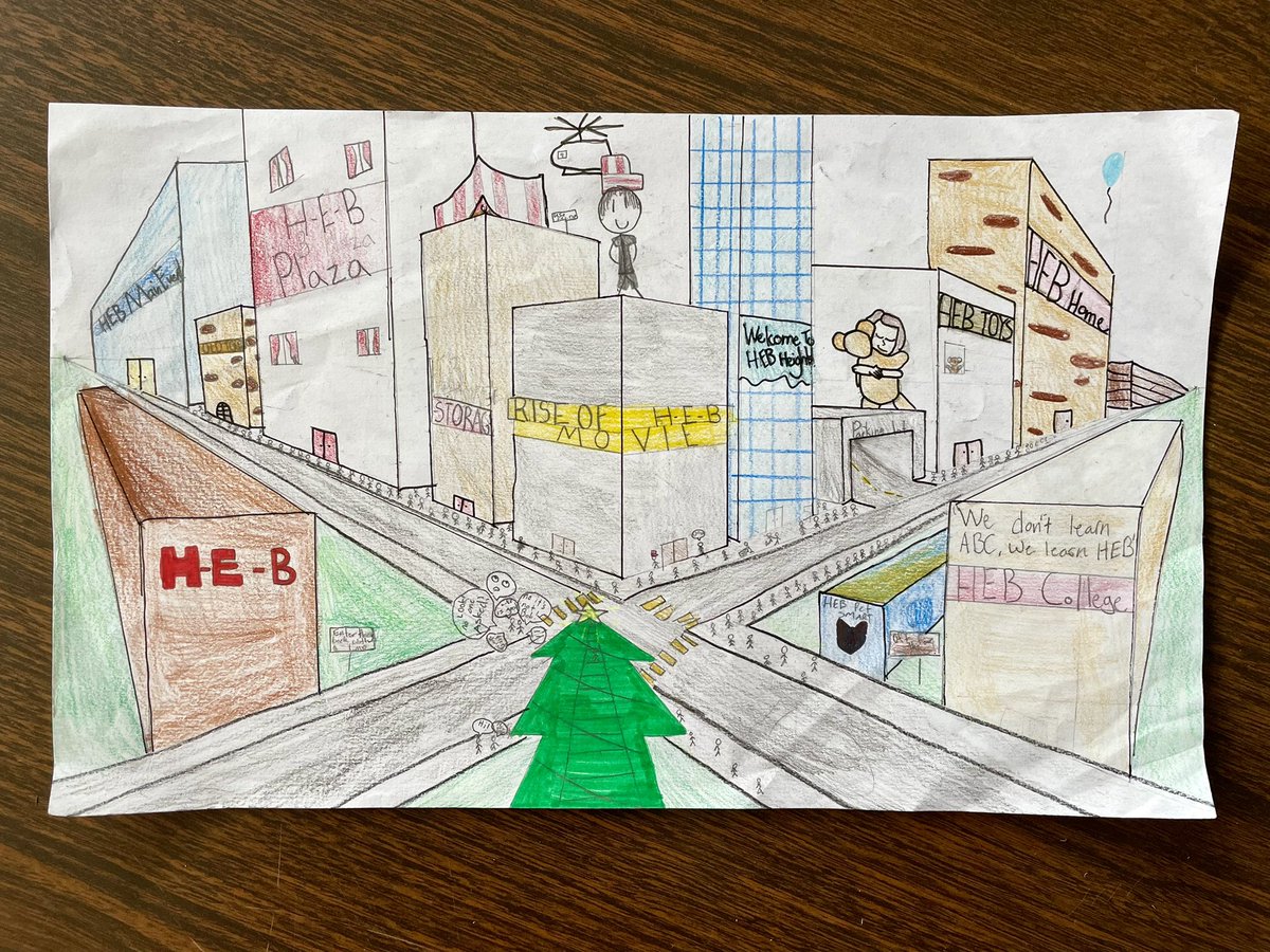 PrettyKiku's tweet photo. Hey @HEB I promised my 6th grade Math and the Arts students I’d share with you: You inspired their “2 point perspective crossroads” project, and they chose HEB-ville/world for their theme. They’d love a shout-out!! #kealinghornets https://t.co/LwSaBBCnye