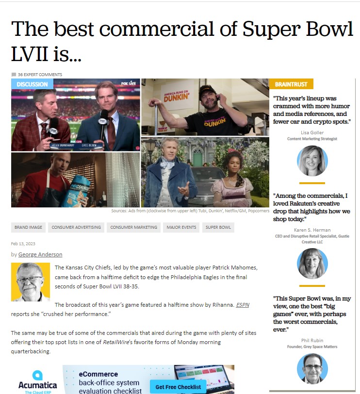 gustiecreative's tweet image. Lots of great Super Bowl commercial comments on @retailwire today. Our fav is @Rakuten and the star power that @AliciaSilv and Christian Soriano brought to a creative drop on how we shop today 🛍️Check it out 👉 retailwire.com/discussion/the… #SuperBowlCommercials2023